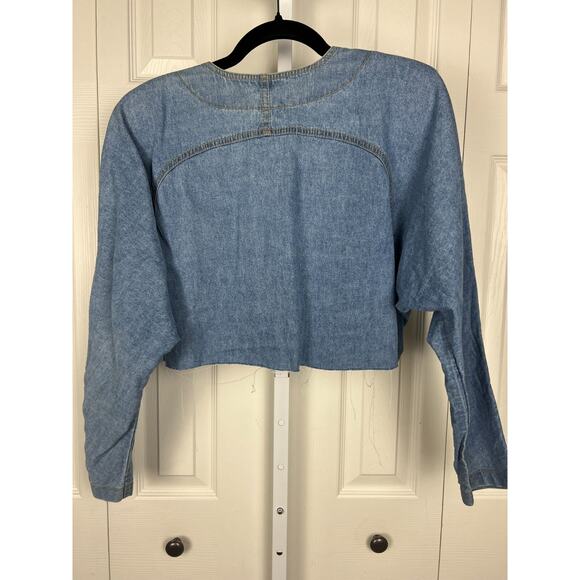 Vintage 80s Western Denim Cropped Jacket Studded Rhinestone Frayed Large - Picture 8 of 9